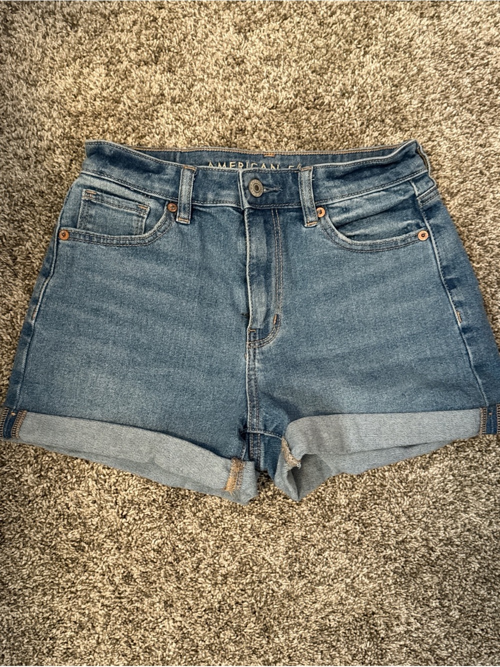 American Eagle Outfitters Rolled Hem Mid-Blue Denim Shorts